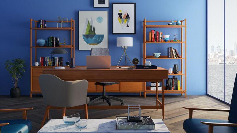 Service brown wooden desk with rolling chair and shelves near window